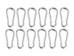Twelve silver carabiner clips arranged in four rows.