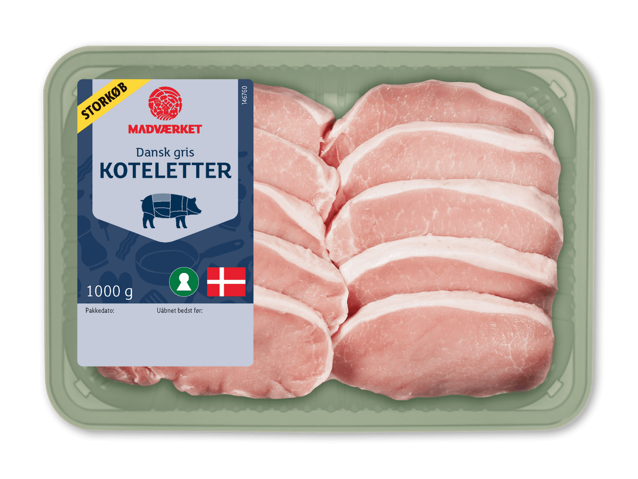 Pakke med danske svinekoteletter, 1000 g.