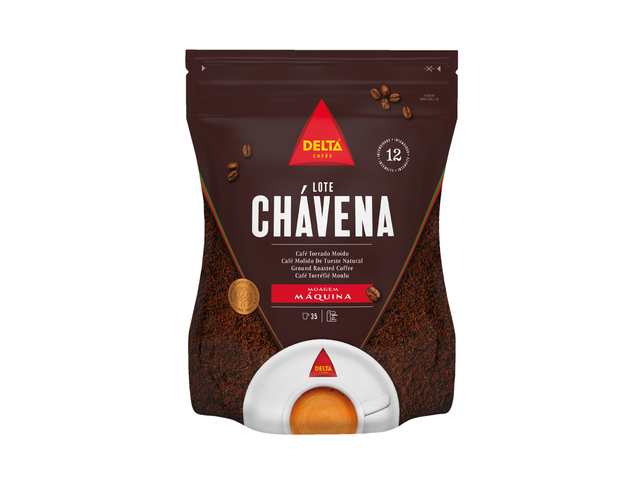 Café moído Delta Café Chávena para máquina em embalagem marrom.