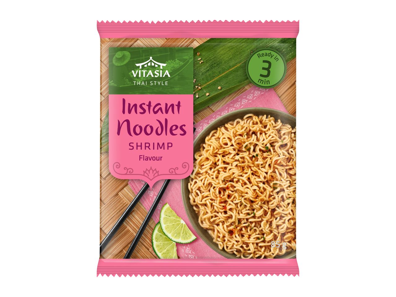 Instant noodles with shrimp flavor, ready in 3 minutes, 85g.