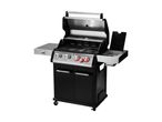 Black gas barbecue with an open lid, side tables, and control knobs.