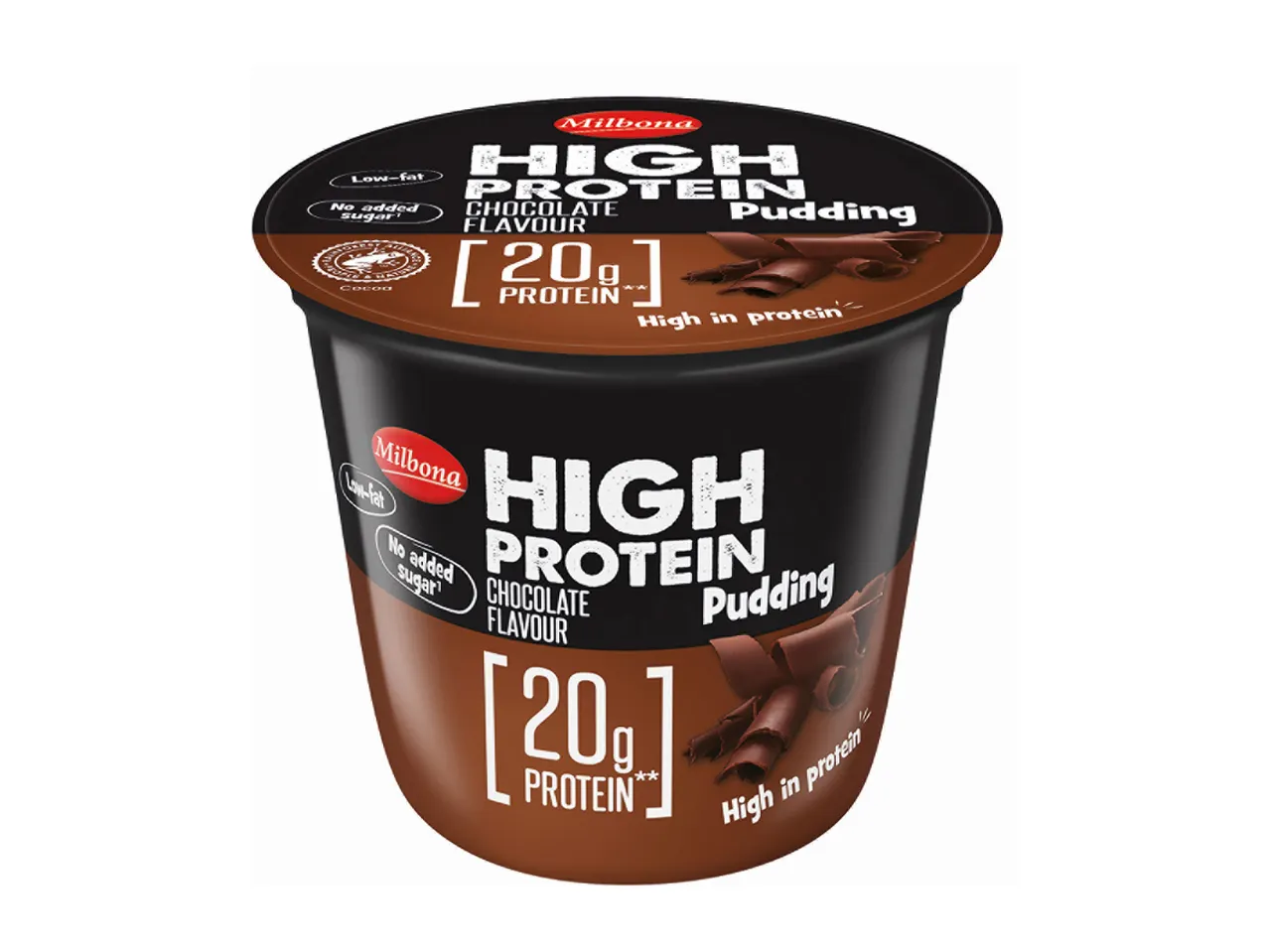 Milbona chocolate pudding, high in protein (20g).