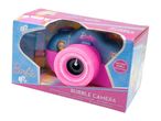 Pink and blue bubble camera toy in a box, with text 'Bubble Camera' and 'Includes Bubble Solution'.