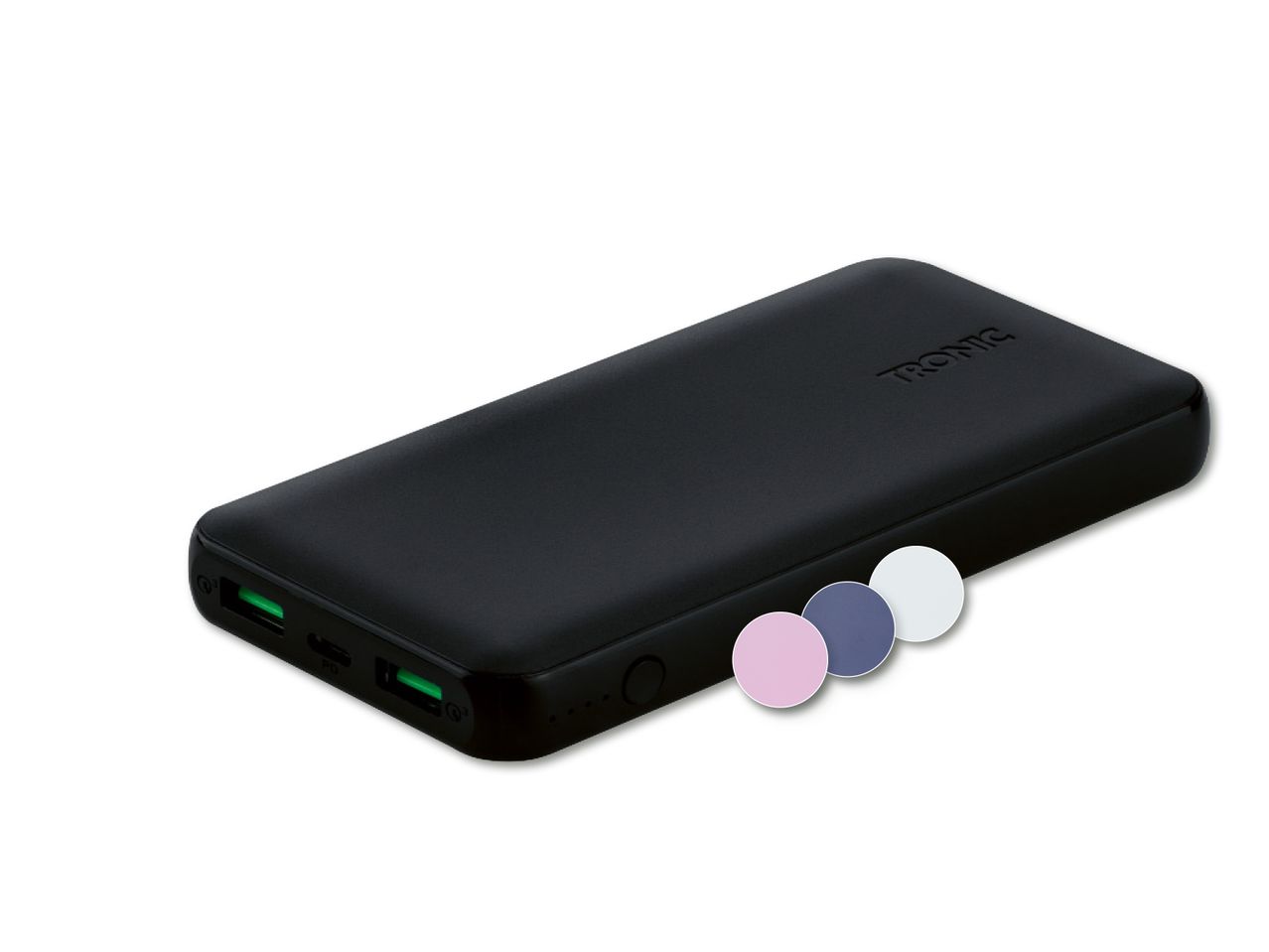 Trons power bank melna krāsā ar dažādu krāsu apvalku izvēli.