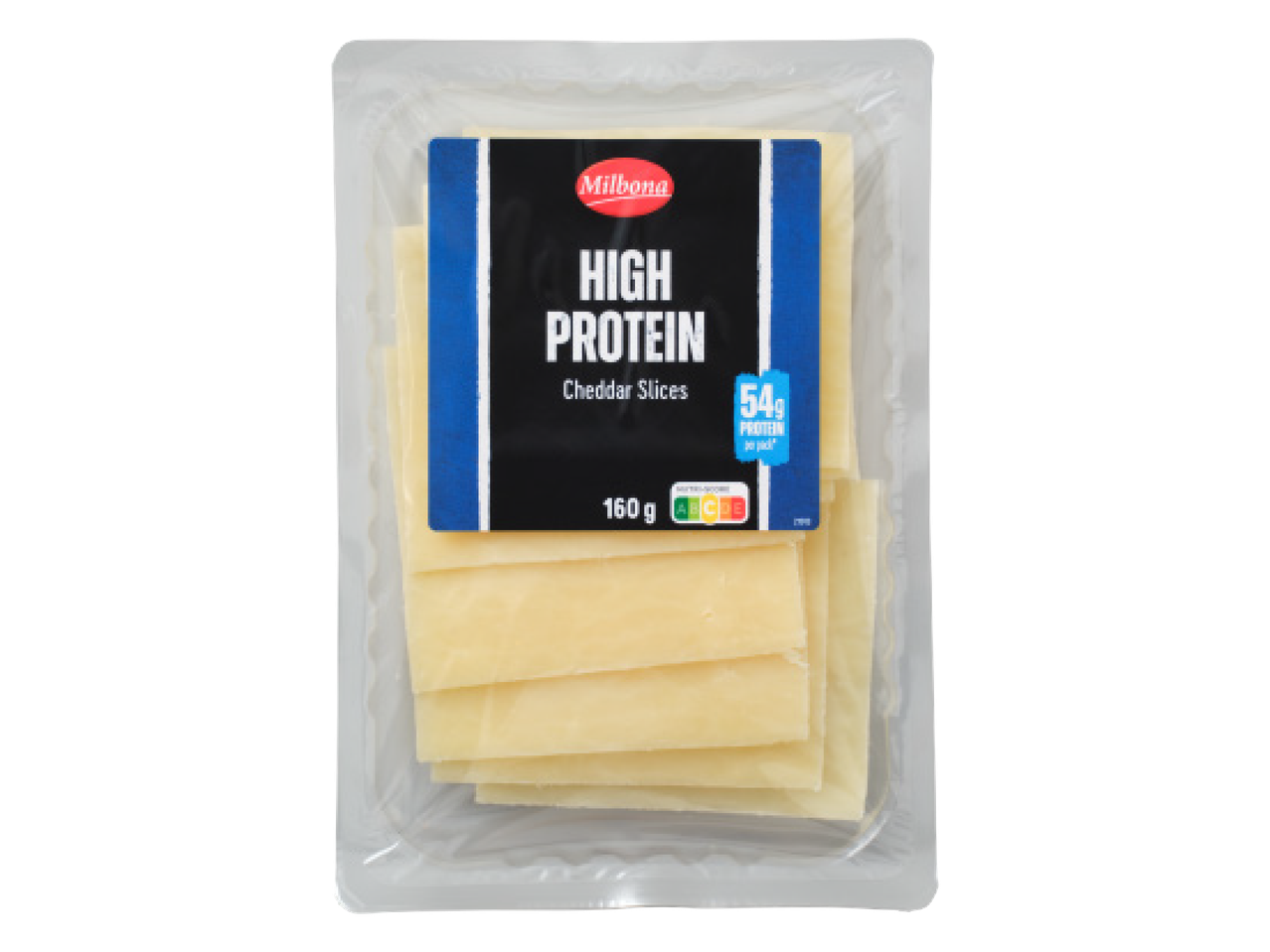 Milbona augsta proteīna Čedaras siera šķēlītes iepakojumā