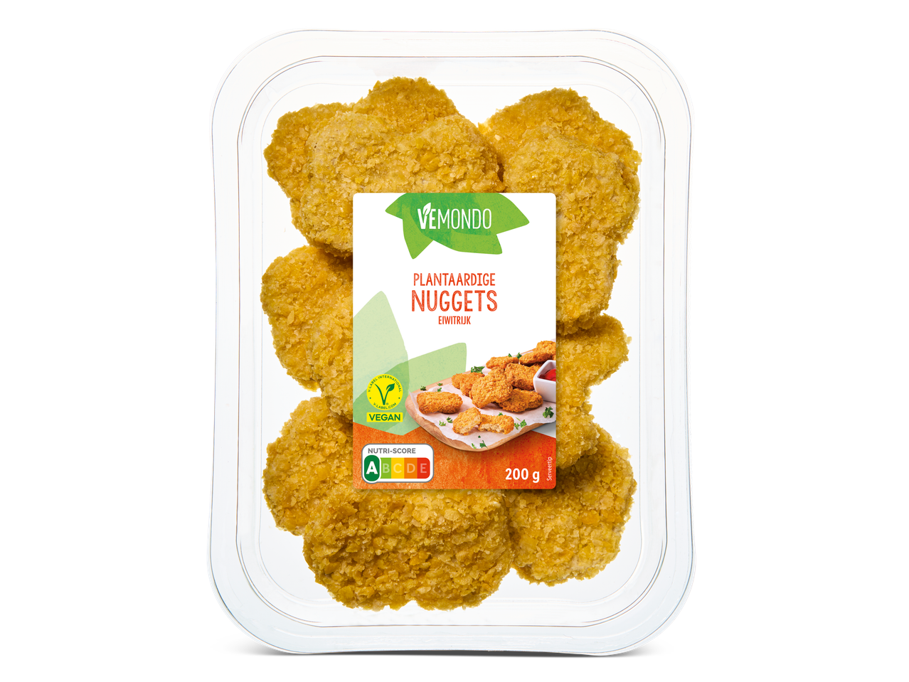 Vemondo plantaardige nuggets in een transparante plastic schaal.
