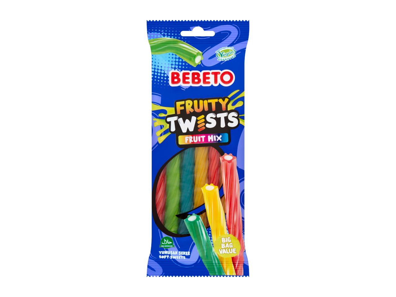 A bag of colorful fruit mix soft sweets with a vegan logo.