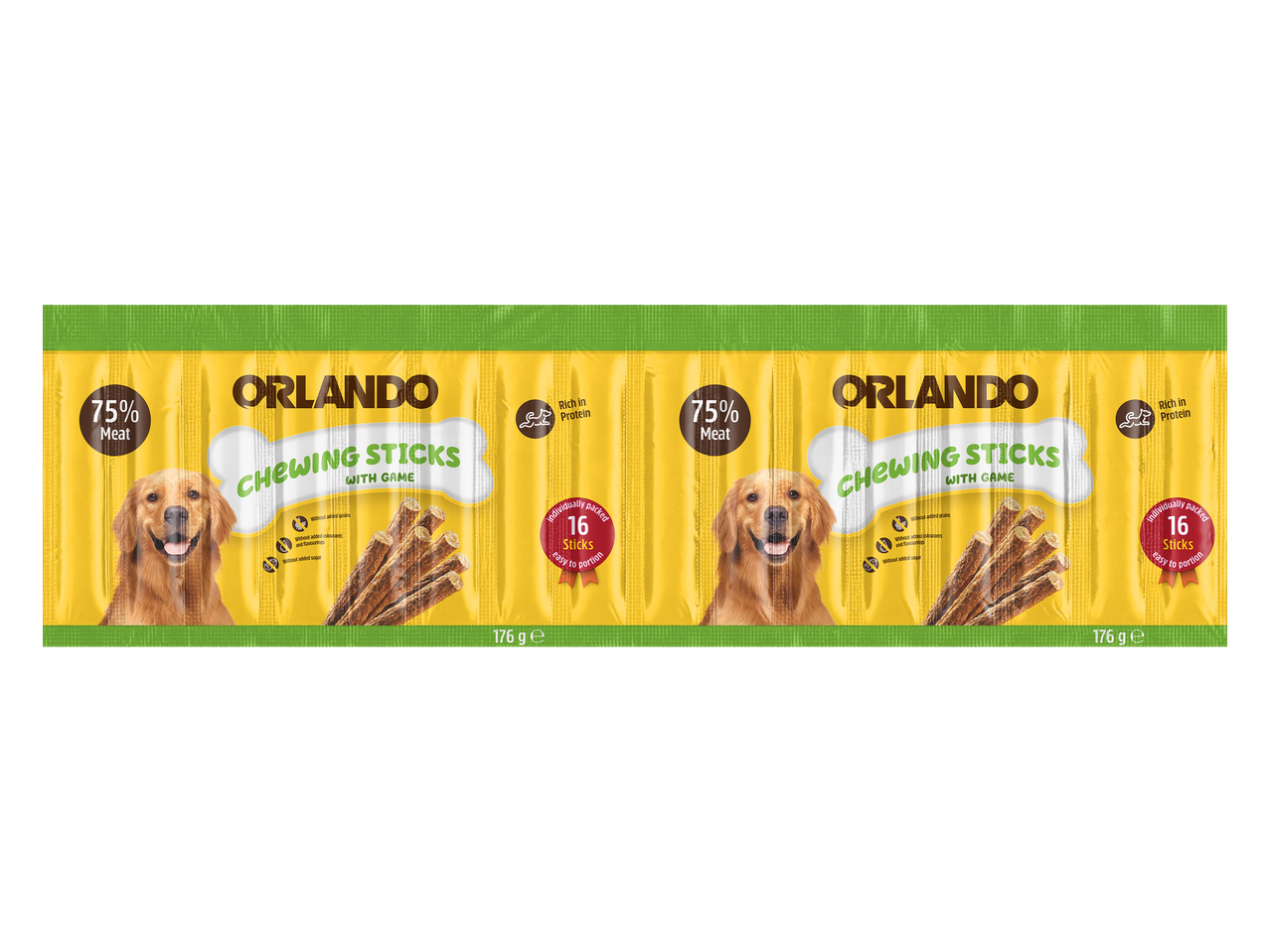 Paquet de bâtonnets à mâcher Orlando pour chiens, avec 75% de viande et 16 bâtonnets emballés.