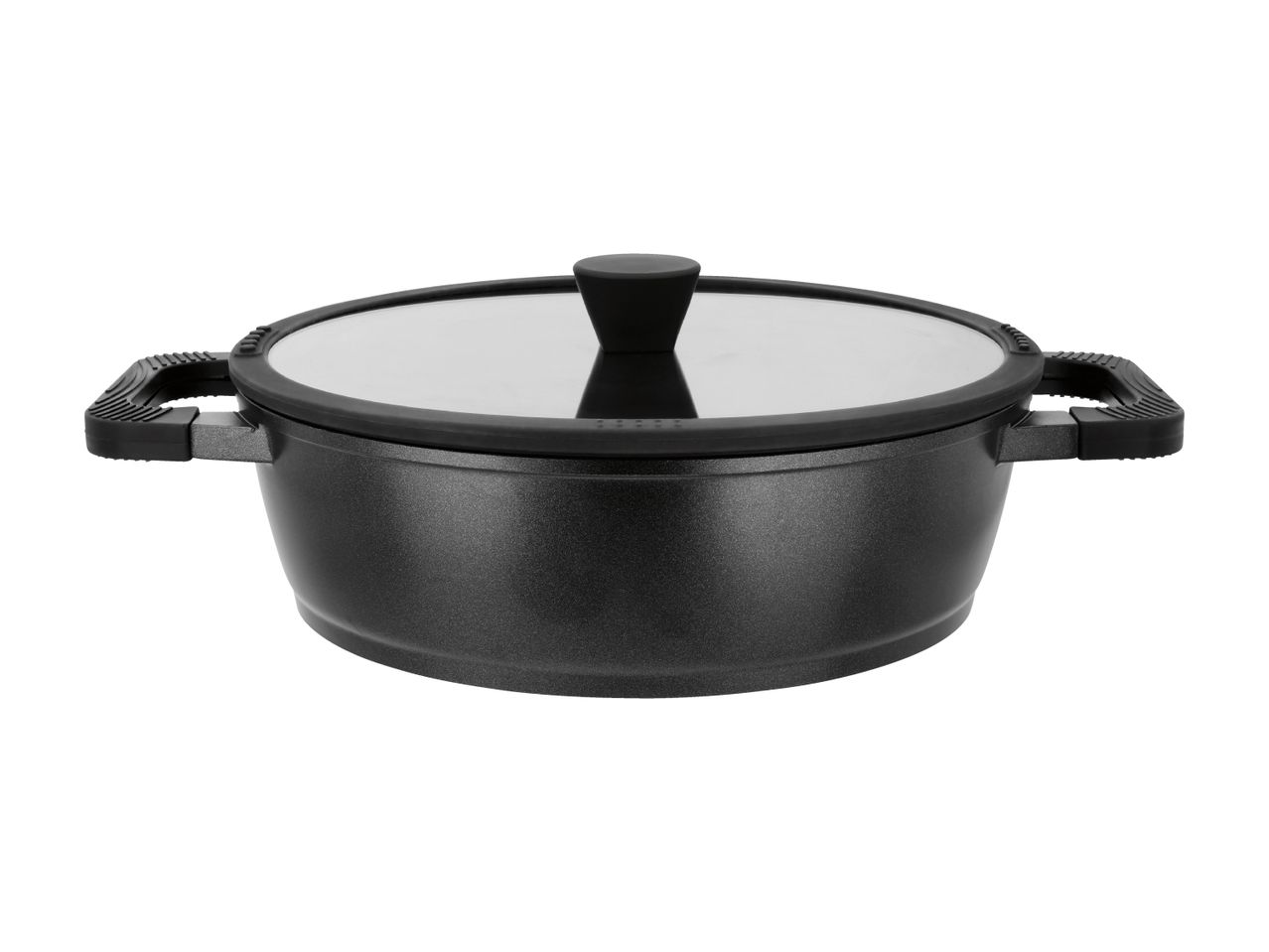 Black cooking pot with a glass lid and black handles