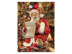 Calendario dell'Avvento Favorina con Babbo Natale che legge una lista dei desideri vicino a un albero di Natale.