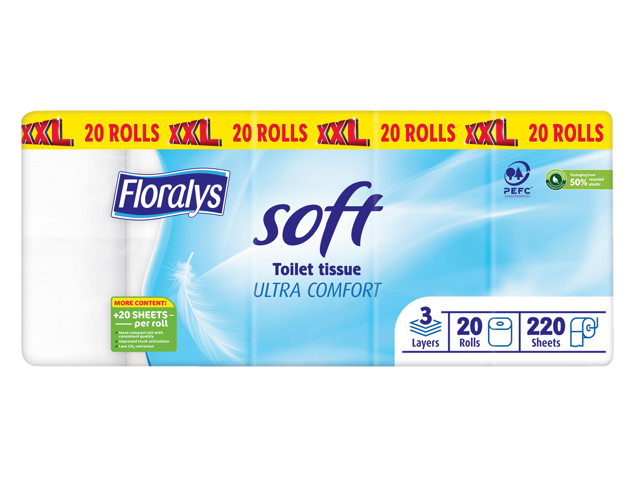 Floralys Soft toiletpapier, 20 XXL rollen, 3-laags, 220 vellen per rol.