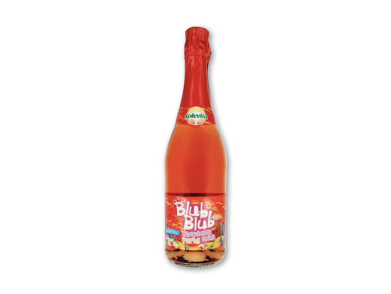 En flaske med rød mousserende jordbærdrik til fest, med en farverig etiket.