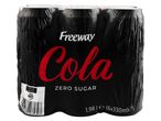 A six-pack of Freeway Cola Zero Sugar cans.