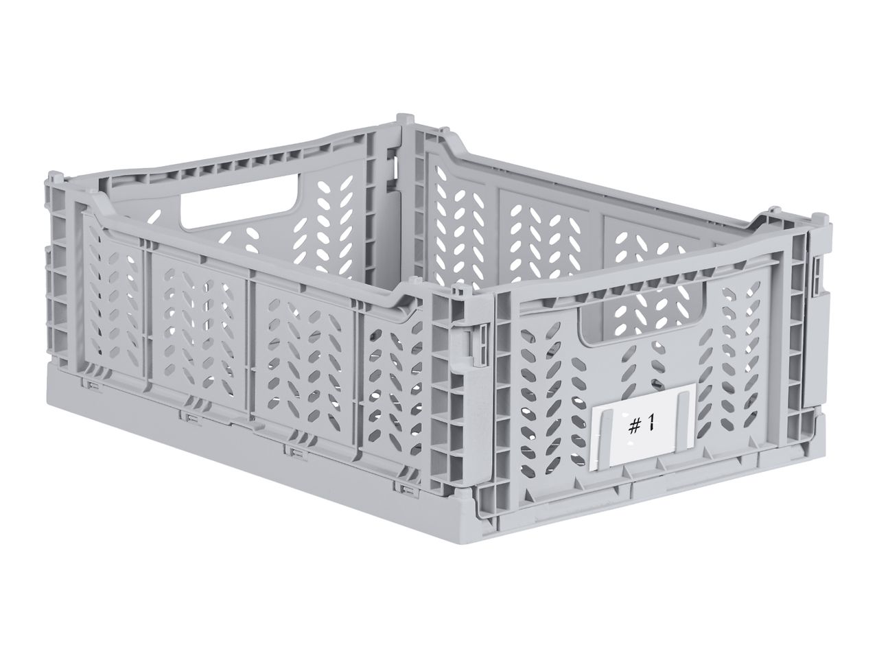 Light grey collapsible storage crate with a label showing '#1'.