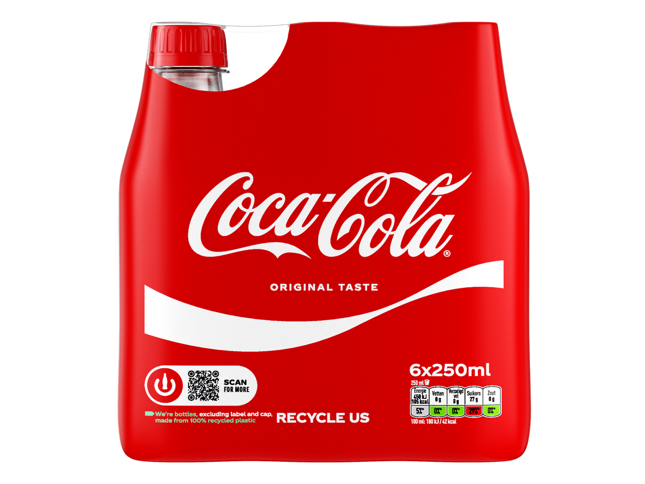 Krimpfolie verpakking van zes kleine flesjes cola van 250 ml.