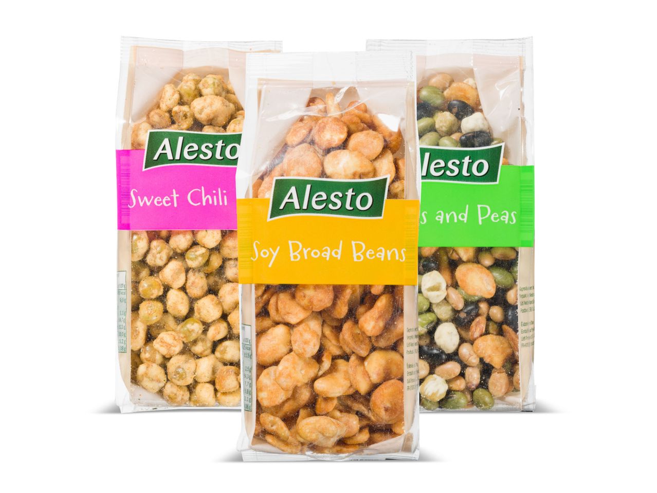 Alesto bonensnacks: sojabonen, bonen en erwten, zoete chili.
