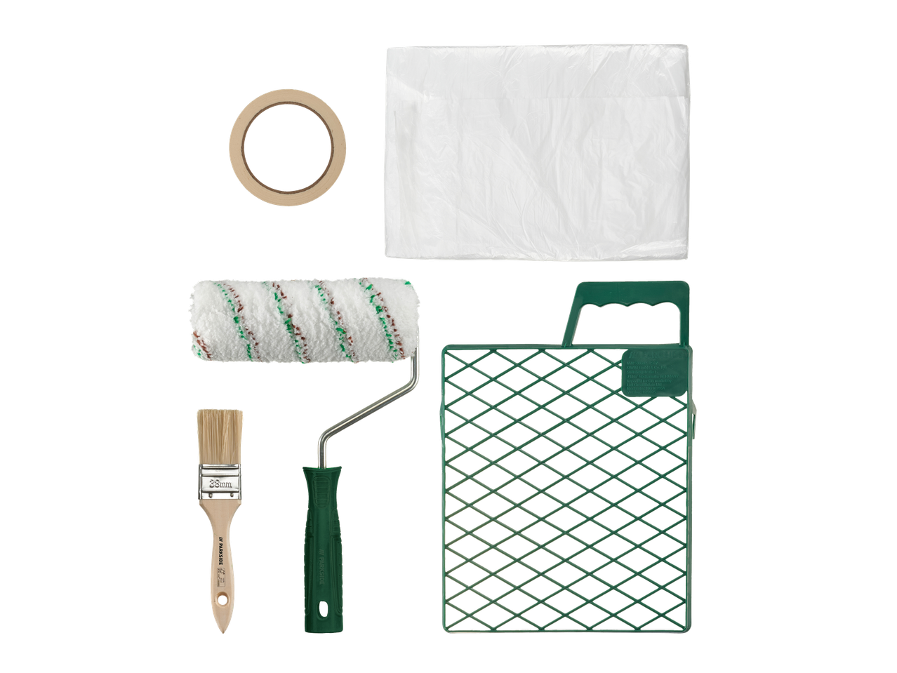 Kit de pintura com plástico protetor, fita adesiva, rolo, grelha e pincel.
