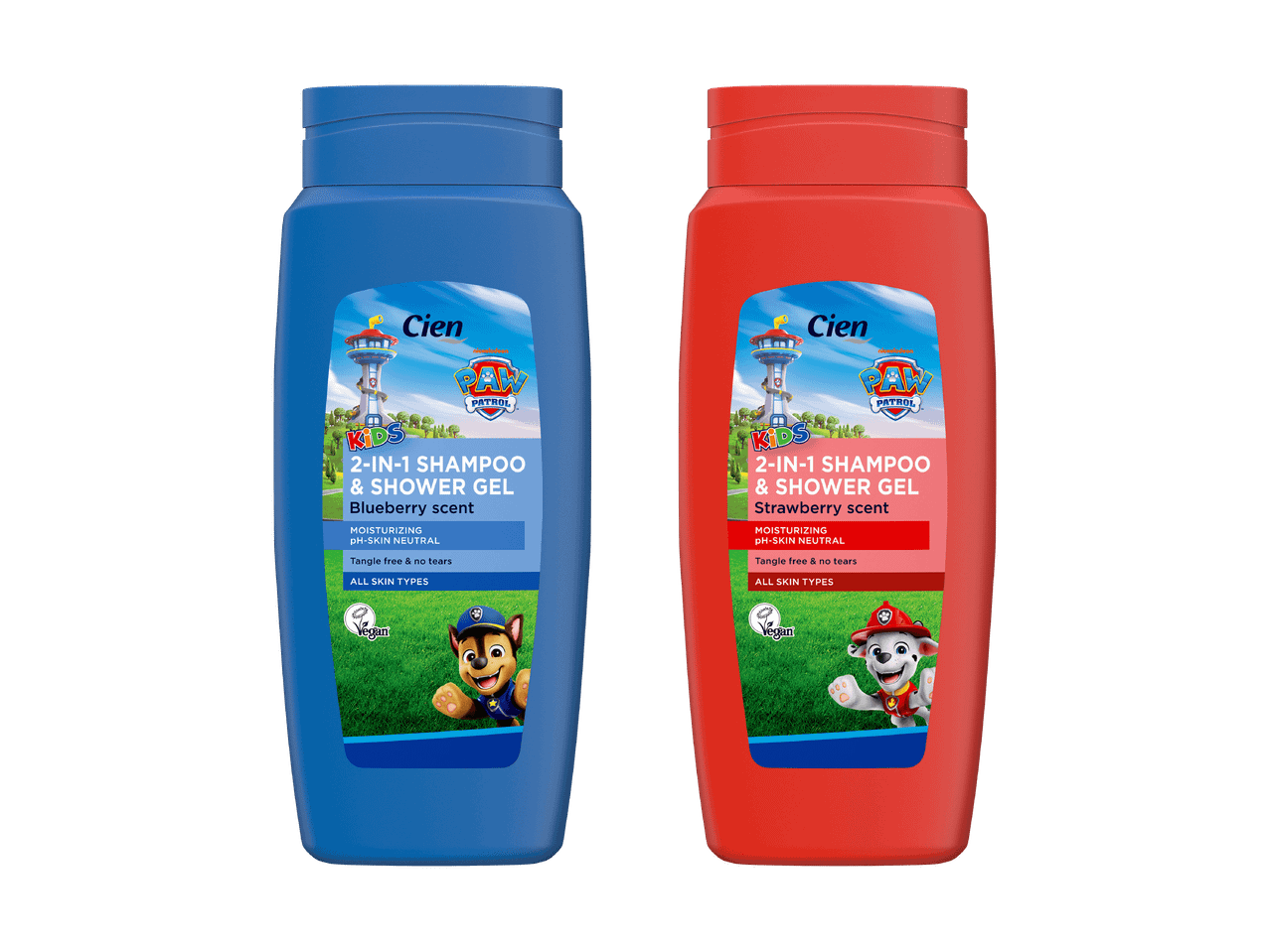 To flasker 2-i-1 shampoo og showergel til børn med Paw Patrol-tema, blå med blåbærduft og rød med jordbærduft.