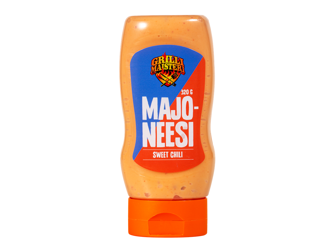 Oranssi majoneesipullo, jossa on sininen ja oranssi etiketti tekstillä 'MAJONEESI SWEET CHILI'.