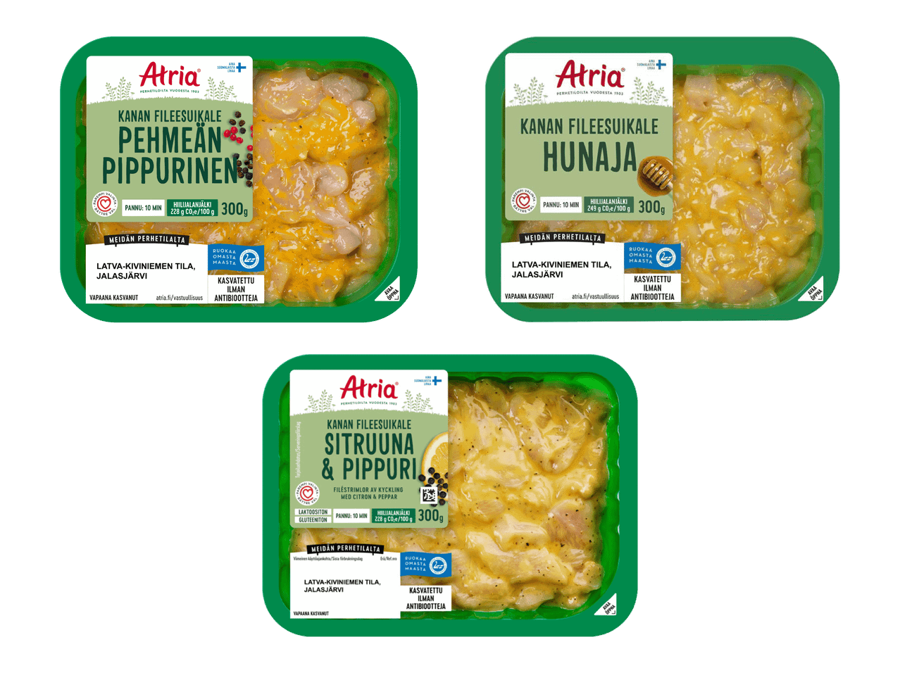 Kolme Atria-kananfileesuikalepakkausta: pehmeä pippuri, hunaja ja sitruuna & pippuri.