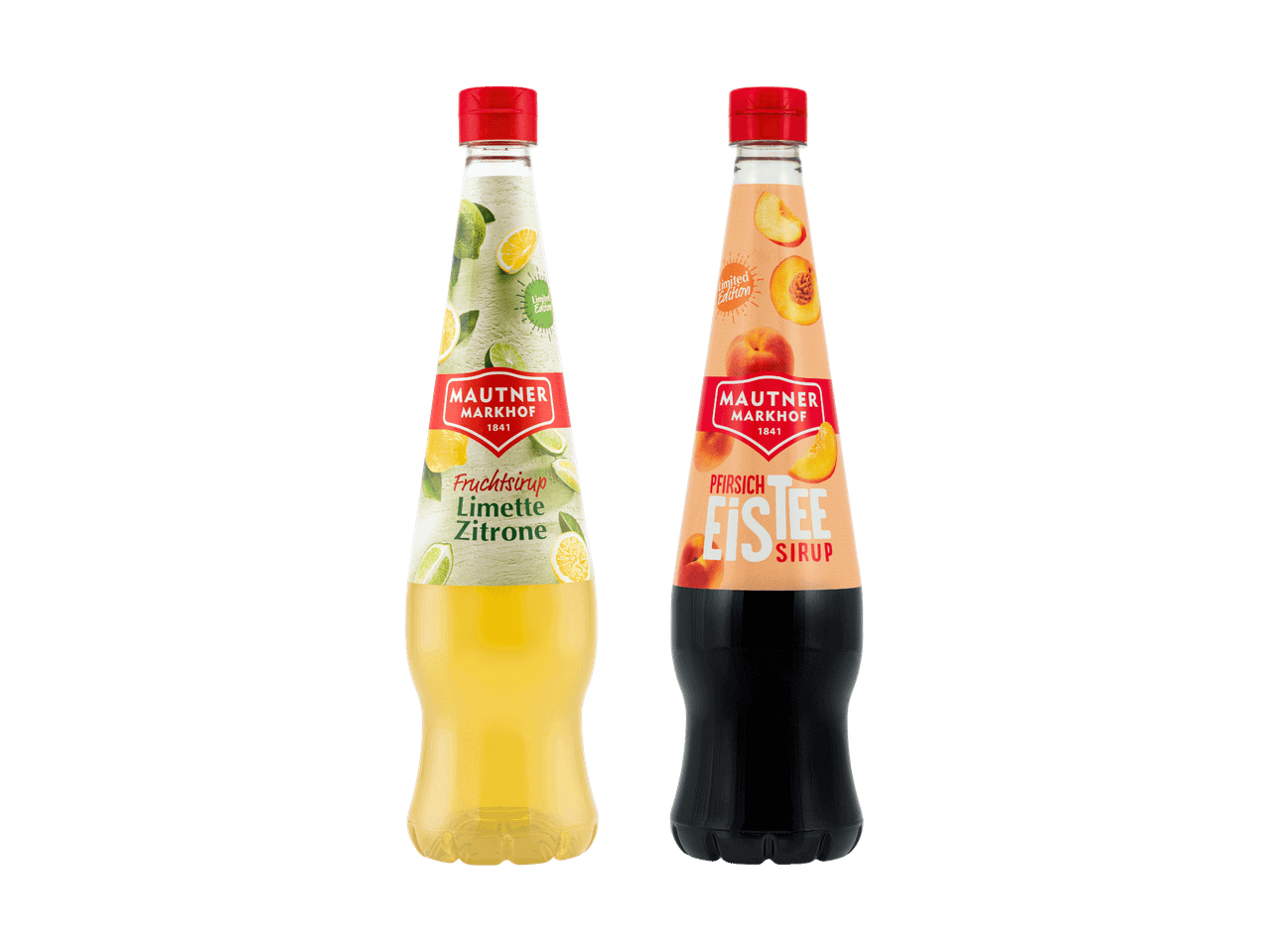 Zwei Flaschen Sirup von Rosali, eine Zitrone und eine Pfirsich.