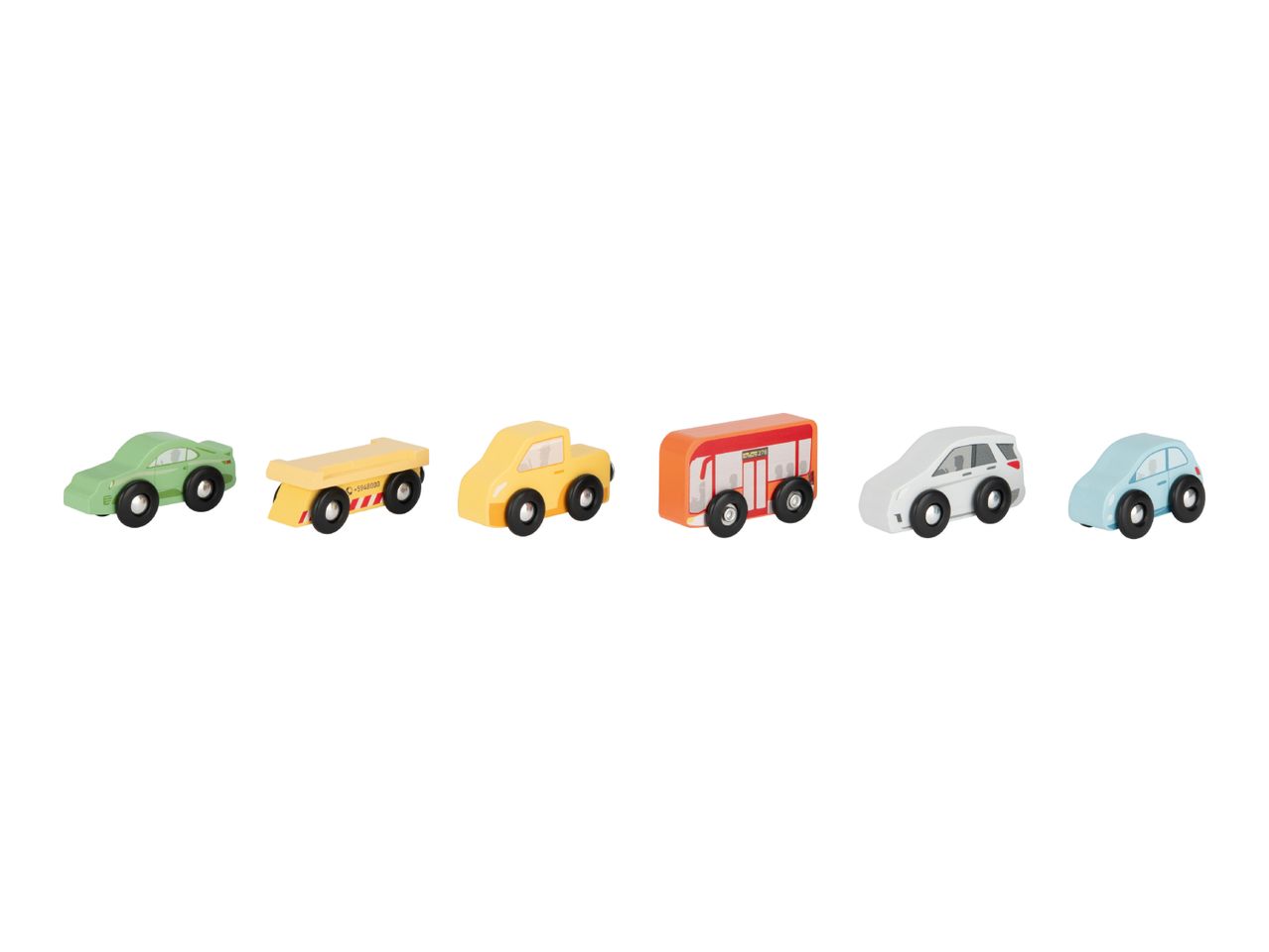 Six colorful wooden toy vehicles: a green car, yellow tow truck, yellow pickup, orange bus, gray SUV, and blue car.