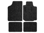 Set of four black and grey car floor mats with a textured surface and a logo on one mat.