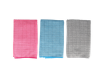 Panos de microfibra rosa, azul e cinza.