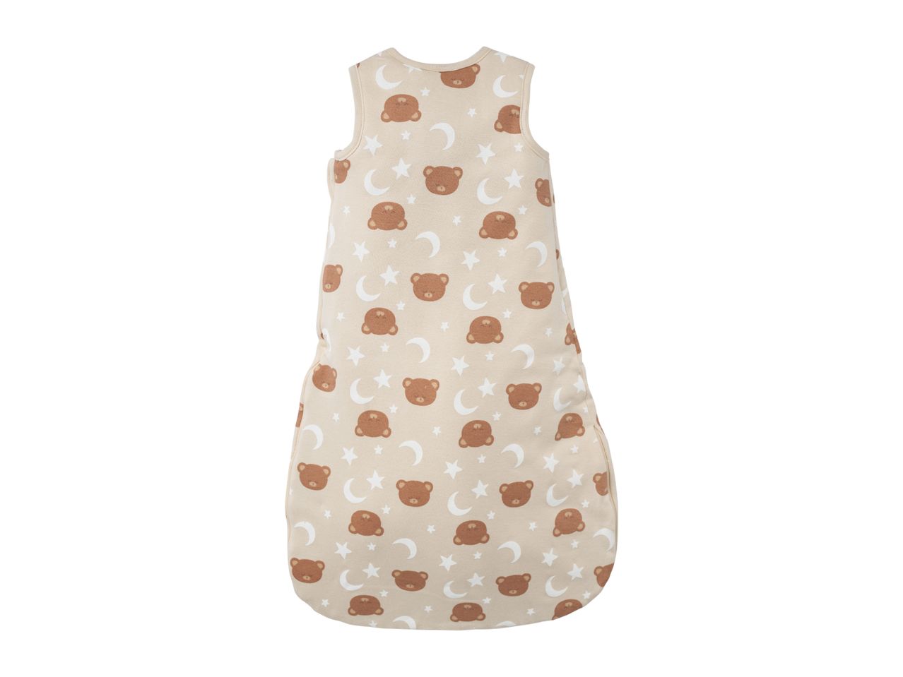 Beige baby sleeping bag with brown bear faces, white stars, and crescent moons.