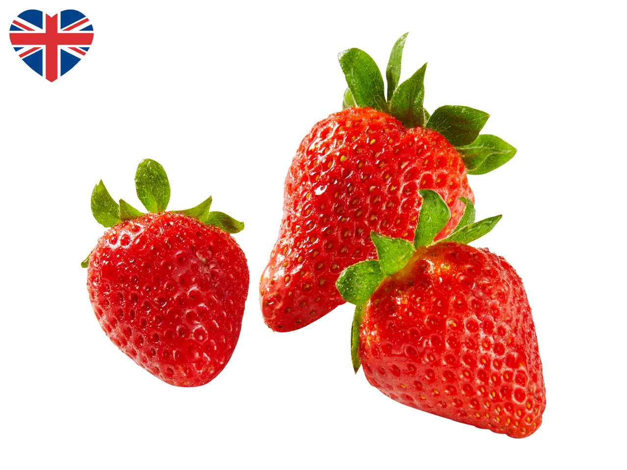 Three fresh strawberries with green leaves and a heart-shaped Union Jack flag.