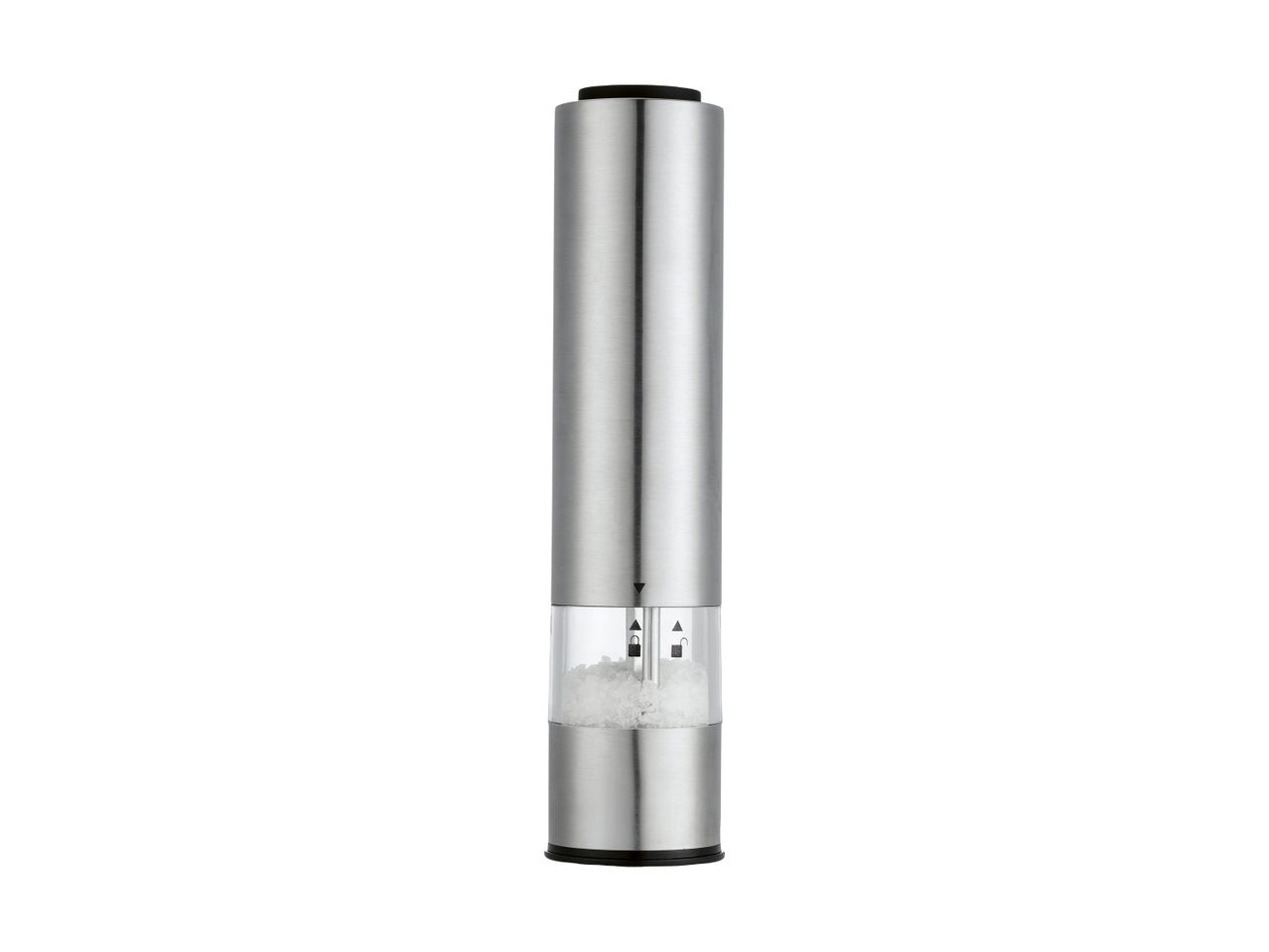 Stainless steel electric salt or pepper grinder with a clear chamber