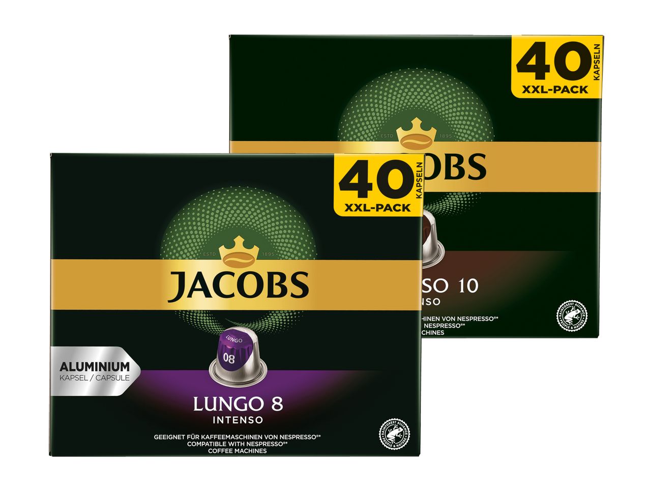 Zwei Packungen Jacobs Kronung Kaffee Pads, je 40 Stück.