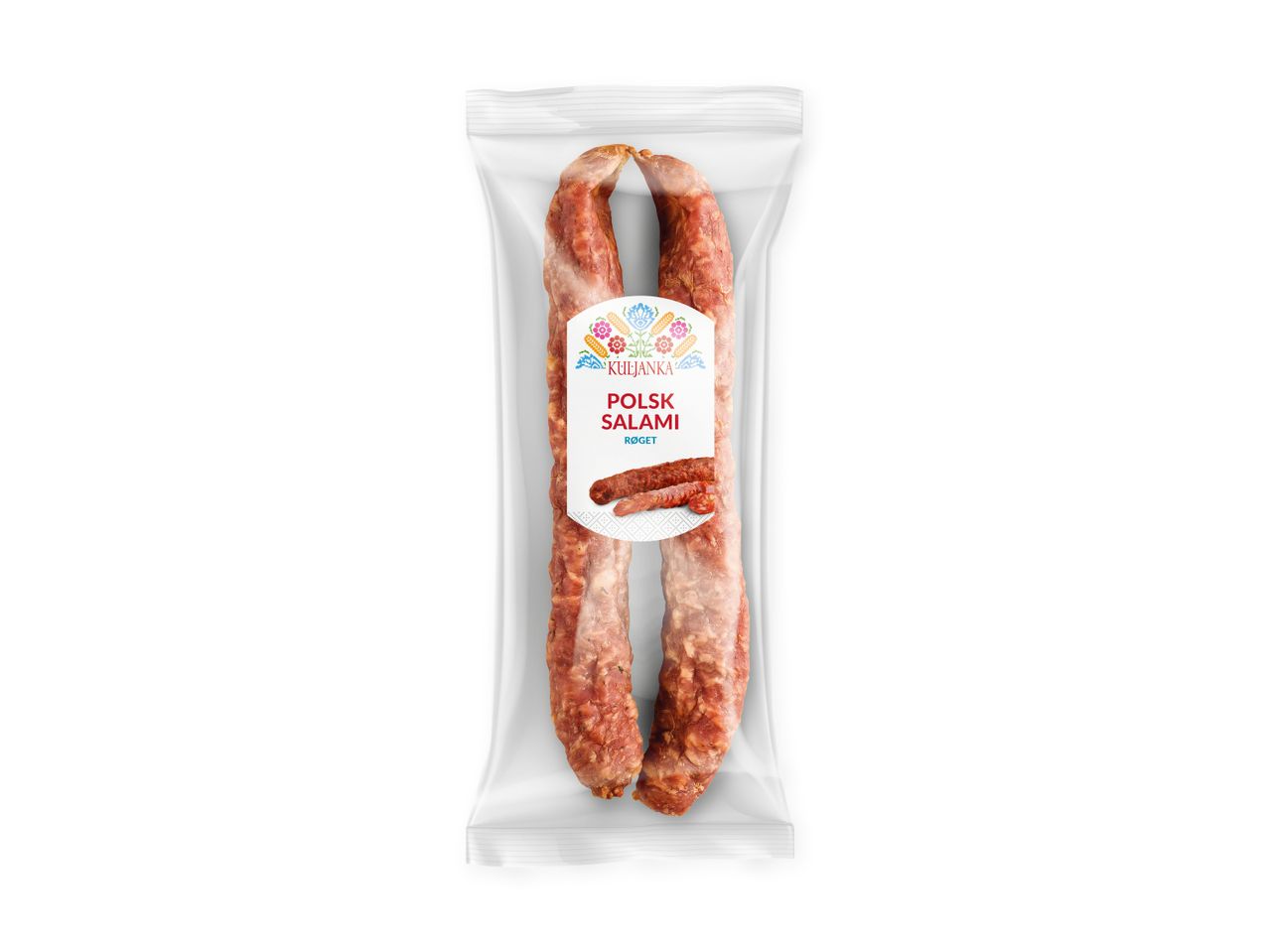 Pakket polsk salami med et farverigt folkeinspireret etiketdesign.