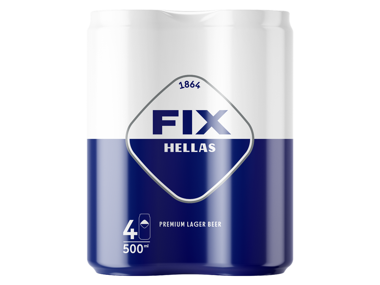 Кенче бира с бяла и синя етикетна лента, с надпис „FIX HELLAS“ и „PREMIUM LAGER BEER“.