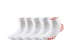 Five pairs of white ankle socks with orange accents on the bottom.