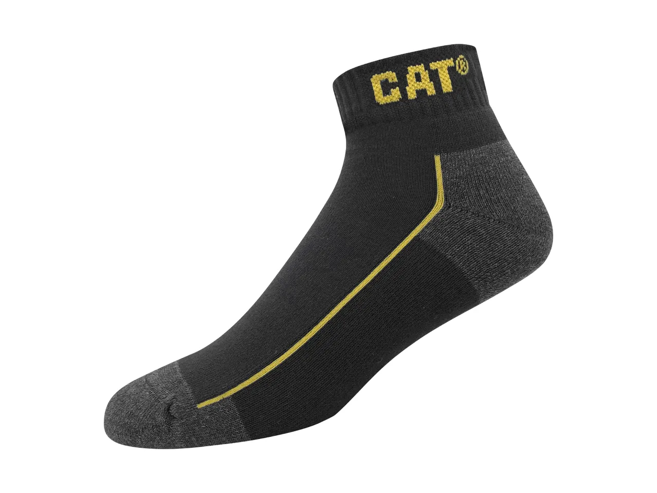 CAT® black ankle socks with a yellow stripe.