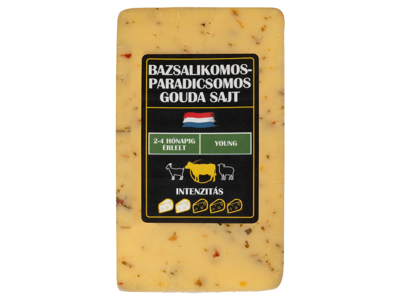 Bazsalikomos-paradicsomos Gouda sajt, 2-4 hónapig érlelt, fiatal, közepes intenzitású.