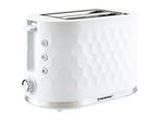 White two-slice toaster with a textured honeycomb pattern and chrome accents