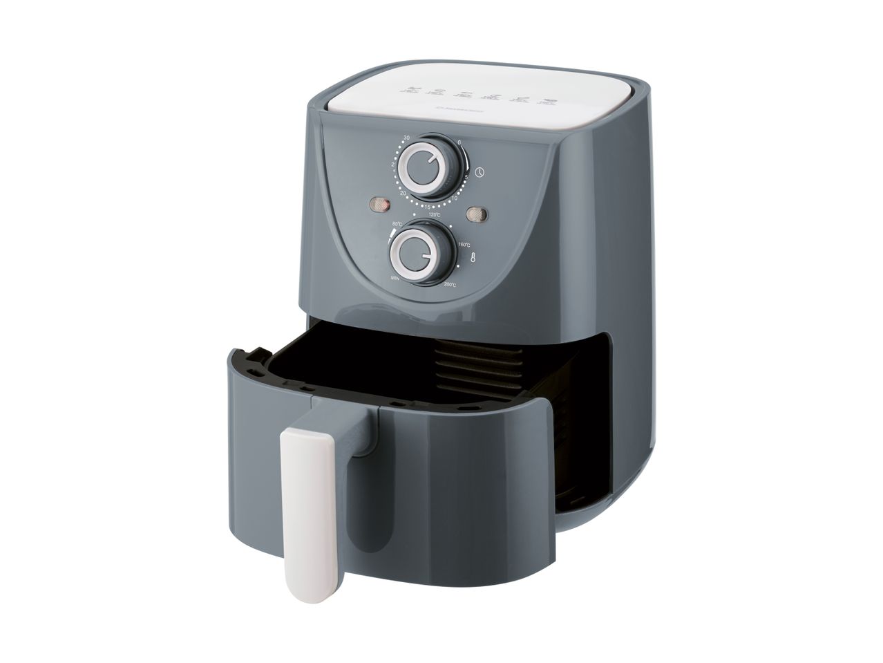 Grå airfryer med udtagelig kurv og kontrolknapper.