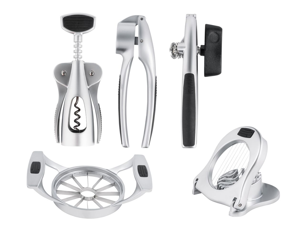 Set aus Korkenzieher, Nussknacker, Dosenöffner, Apfelteiler und Eierschneider in Silber und Schwarz.