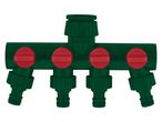 A green four-way garden hose splitter with red on/off valves.