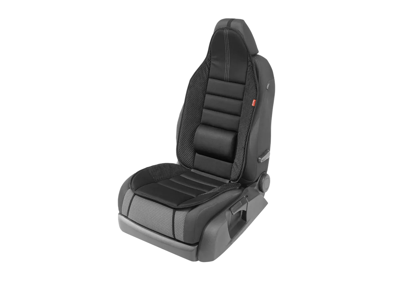 Uma cadeira de carro preta com encosto de cabeça integrado.