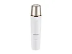 A white and silver electric facial hair remover.