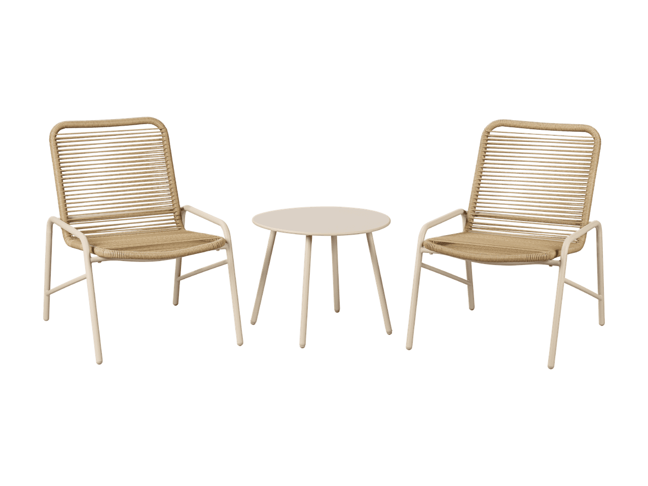 Zwei beige Outdoor-Stühle mit einem passenden runden Beistelltisch.