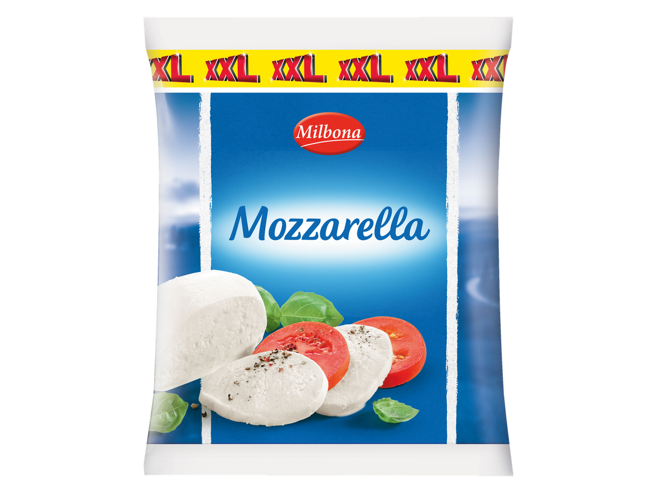 Milbona XXL mozzarella verpakking met tomaten en basilicum.
