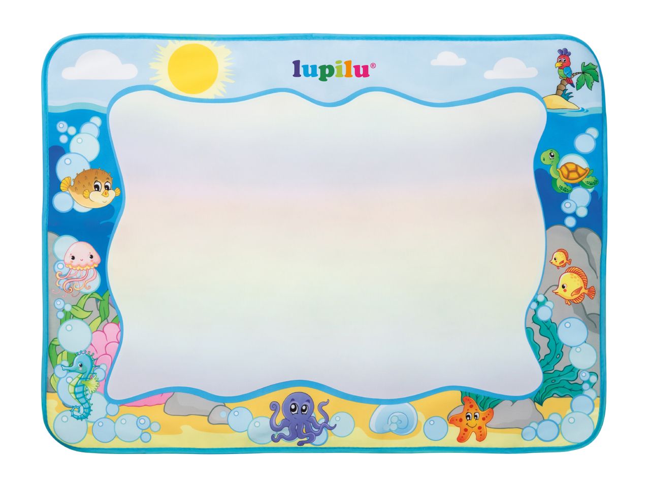 Children's water drawing mat with an underwater and beach theme, featuring sea creatures.