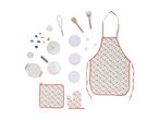 A children's play kitchen set with an apron, oven mitt, pot holder, plates, pots, and toy food.