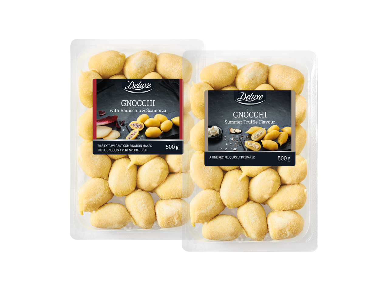Deluxe Gnocchi s radičem i scamorzom te Deluxe Gnocchi s okusom ljetnog tartufa, 500 g pakiranja.