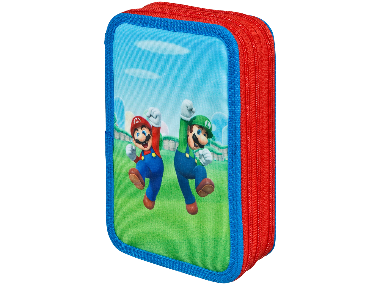 Pencil case with Mario and Luigi jumping on a green field with blue sky.