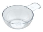 Clear plastic bowl with a handle and a recycling symbol on the bottom